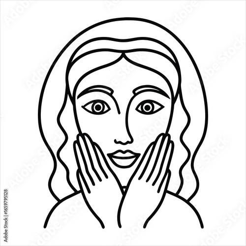 Facial skincare routine woman gently touching her face with hands line art