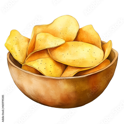 Crispy golden potato chips piled high in a rustic wooden bowl, a perfect snack for any occasion