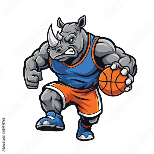 A gray rhino wearing a blue jersey and orange shorts dribbles a basketball