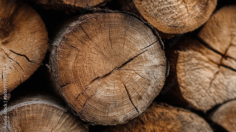 Naklejka premium Close-up of stacked logs showcasing detailed wood grain patterns and natural textures, illustrating the beauty of timber and its rustic appeal.