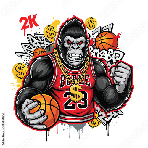 Fierce gorilla wearing a red jersey gold chain holding a basketball and making a fist Graffiti and gold coins surround it