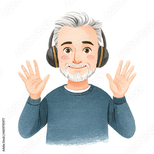 Watercolor Portrait of a Smiling Man with Headphones Waving
