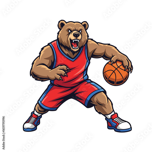 A bear in basketball attire dribbles He has an aggressive expression mouth open and claws extended