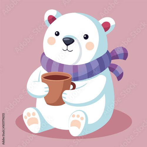 Cute Polar Bear with Scarf Drinking Hot Cocoa Cartoon Vector Illustration