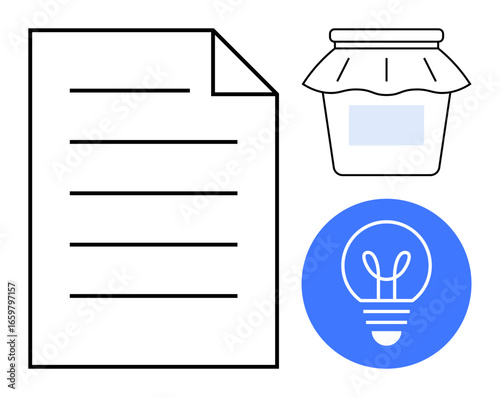 Paper document with lines, a jam jar, and a glowing light bulb icon. Ideal for creativity, innovation, document management, knowledge organization, idea generation, branding simple landing page