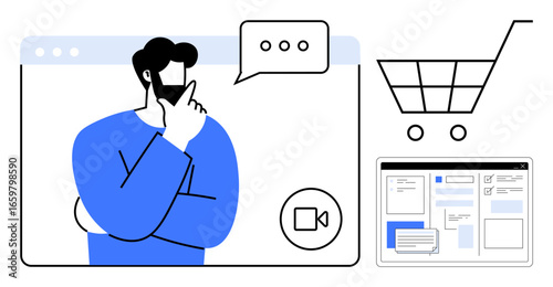 Man thinking with speech bubble, videoconference icon, shopping cart, and webpage interface. Ideal for e-commerce, decision-making, online consultation, shopping, technology business modern