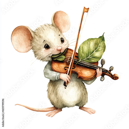 Watercolor Mouse Serenade Leafy Violinist in Gray Sweater Expressive Eyes