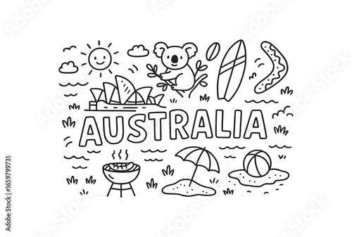 Cute doodle style illustration with large central word Australia surrounded by various simple stroke line art doodles like Opera House surfboard koala boomerang BBQ and beach