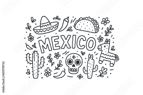 Cute doodle style illustration with large central word Mexico surrounded by various simple stroke line art doodles like sombrero taco cactus Day of the Dead skull chili pepper and pinata