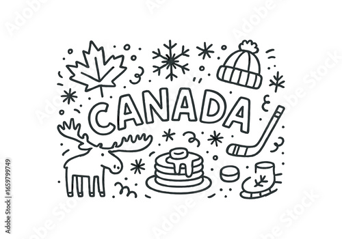 Cute doodle style illustration with large central word Canada surrounded by various simple stroke line art doodles like maple leaf moose snowflake beanie hockey stick pancake with syrup