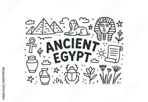 Cute doodle style illustration with large central word Ancient Egypt surrounded by various simple stroke line art doodles like pyramids sphinx pharaoh mask scarab and papyrus