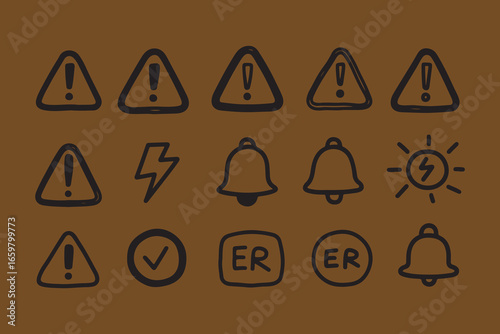 Hand drawn warning and notification icons set on brown background