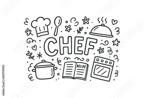 Cute doodle style illustration with large central word Chef surrounded by various simple stroke line art doodles like chef hat spoon oven pot and recipe