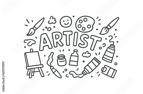 Cute doodle style illustration with large central word Artist surrounded by various simple stroke line art doodles like paintbrush palette easel canvas and paint tubes