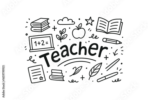 Cute doodle style illustration with large central word Teacher surrounded by various simple stroke line art doodles like blackboard books chalk and pointer