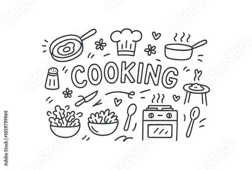 Cute doodle style illustration with large central word Cooking surrounded by various simple stroke line art doodles like frying pan chef hat salad stove and table