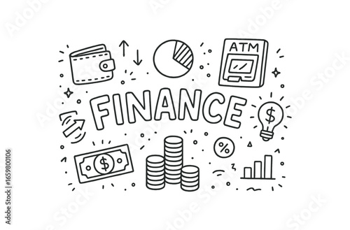 Cute doodle style illustration with large central word Finance surrounded by various simple stroke line art doodles like wallet money pie chart ATM and coins