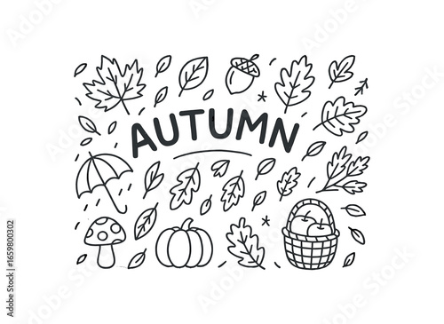 Cute doodle style illustration with large central word Autumn surrounded by various simple stroke line art doodles like falling leaves acorn mushroom umbrella and harvest