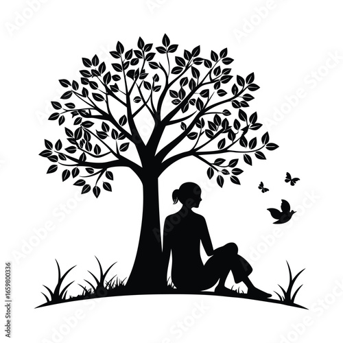 Silhouette of a person sitting under a large tree with birds flying nearby