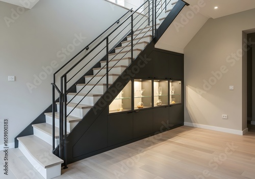 A modern staircase with a black railing and builtin display cabinets in a home