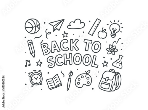 Cute doodle style illustration with large central word Back to School