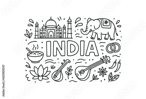 Cute doodle style illustration with large central word India surrounded by various simple stroke line art doodles like Taj Mahal elephant curry bowl sitar lotus bangles and spices