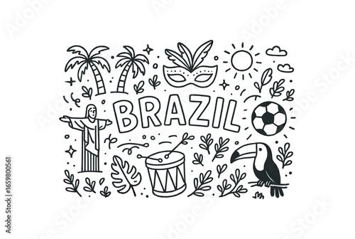 Cute doodle style illustration with large central word Brazil surrounded by various simple stroke line art doodles like carnival mask football samba drum toucan and rainforest