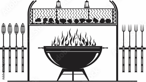 Illustration of a barbecue grill with flames, cooking utensils, and food being prepared above it |  editable eps vectors silhouette