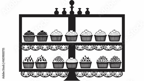 Black and white illustration of a two tiered cupcake stand filled with various decorated cupcakes design |  editable eps vectors silhouette