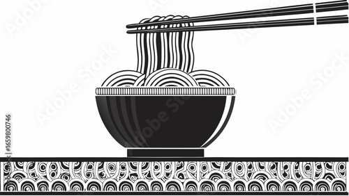 Illustration of a bowl of noodles being lifted with chopsticks above a decorative surface design |  editable eps vectors silhouette