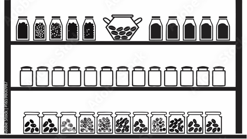 Shelves filled with jars and a large container holding coffee beans in a black and white illustration |  editable eps vectors silhouette