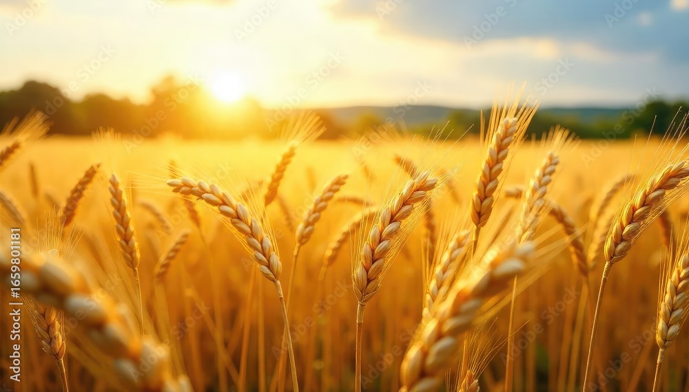 Naklejka premium Golden wheat field swaying gently in the summer breeze, sunlit stalks extending to the horizon A picturesque scene of agricultural abundance and natural beauty , summer, nature