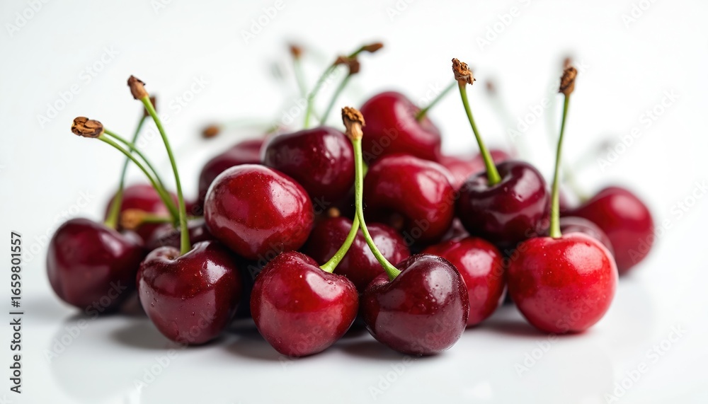 Luscious pile of ripe red cherries with stems against white background. Vibrant, juicy, glossy summer fruits. Fresh, delicious, healthy snack full of refreshment, vitamins, antioxidants. Perfect Luscious pile of ripe red cherries with stems against white background. Vibrant, juicy, glossy summer fruits. Fresh, delicious, healthy snack full of refreshment, vitamins, antioxidants. Perfect