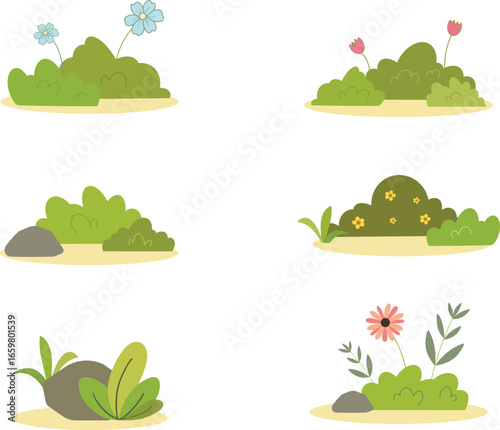 Green grass and bushes collection vector set. Cartoon plants, shrubs, bush for book, children, asset, poster. Spring field planting shapes lawn with flower, stone
