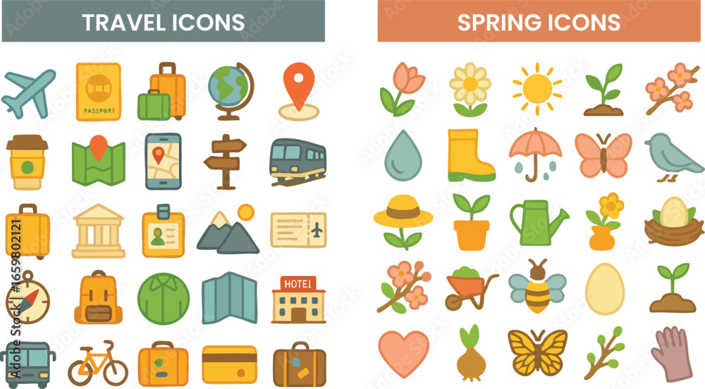 Obraz premium Hand drawn style travel and transportation icon set