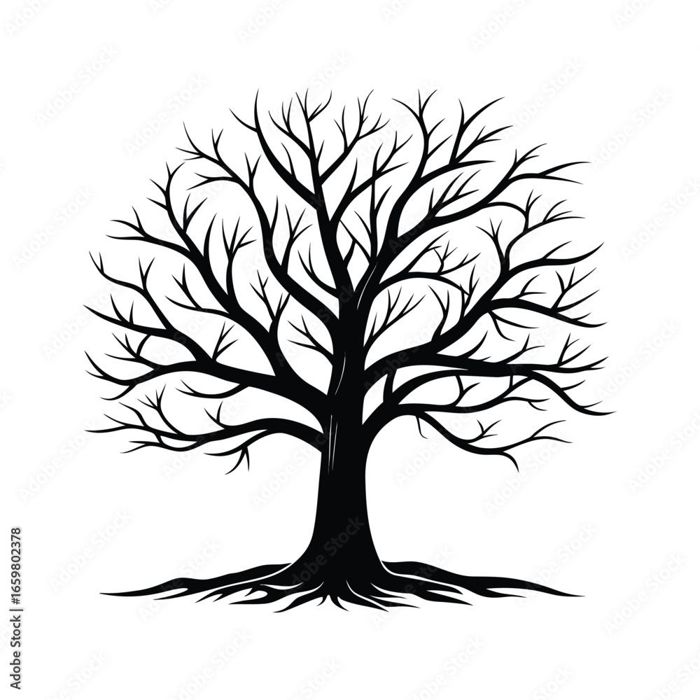 Obraz premium Silhouette of a bare deciduous tree with intricate branches and exposed roots