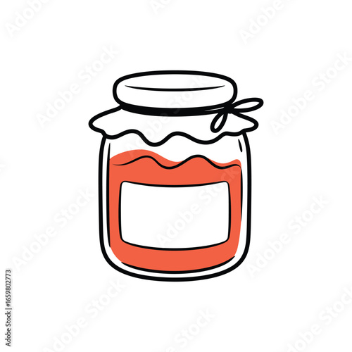 Charming Hand-Drawn Illustration A classic glass jar brimming with luscious, sweet fruit jam, embodying the wholesome essence of homemade preserves and kitchen comfort.