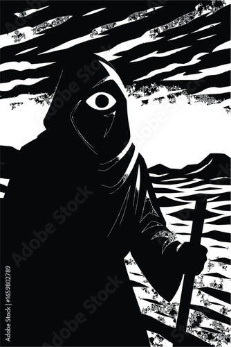 Mystical One-Eyed Fantasy Character Silhouette in Dramatic Desert Landscape Vector Illustration.
