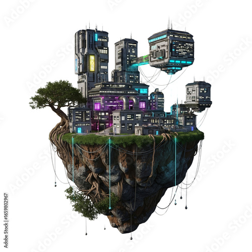 realistic 3d illustration of a futuristic city on a floating island, isolated on white
