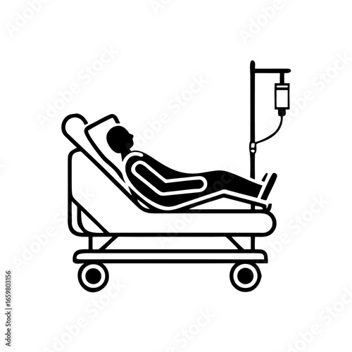 Black and white icon of a patient in a hospital bed with an IV drip.