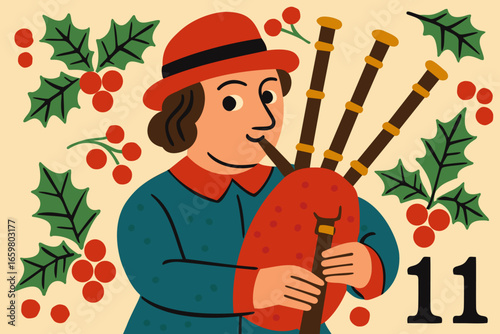 Eleven pipers piping. The twelve days of Christmas. English Christmas carol. Fourth day
