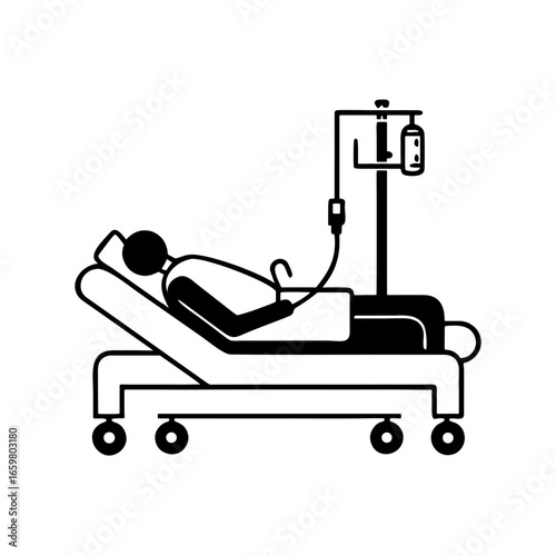 Black and white silhouette icon of a patient in a hospital bed with an IV drip.