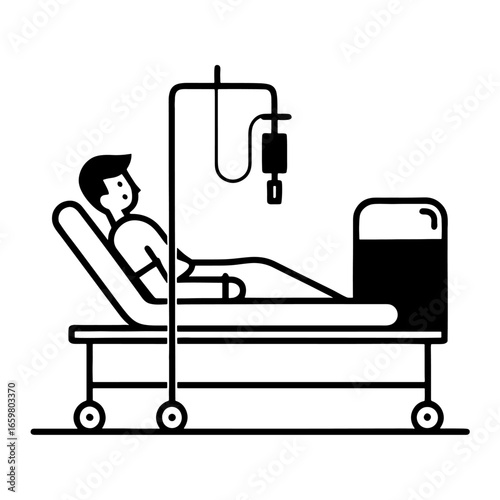 Black and white line illustration of a patient lying in a hospital bed with an IV drip.