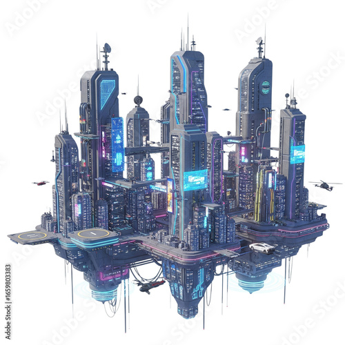 realistic 3d illustration of a floating futuristic city, isolated on white