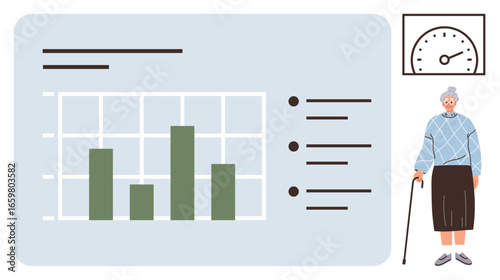 Green bar graph with axis and labels, speedometer gauge, elderly woman holding cane. Ideal for healthcare, aging, statistics, analytics, report senior care demographic insights. Simple flat