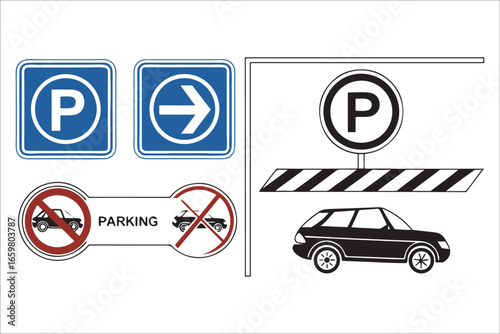 Collection of parking signs and symbols silhouette