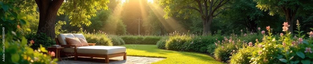 Obraz premium Serene view of a sunlit garden with comfortable seating, perfect for relaxation and contemplation Ideal for concepts of peace, tranquility, and natural beauty , flowers, outside, peaceful