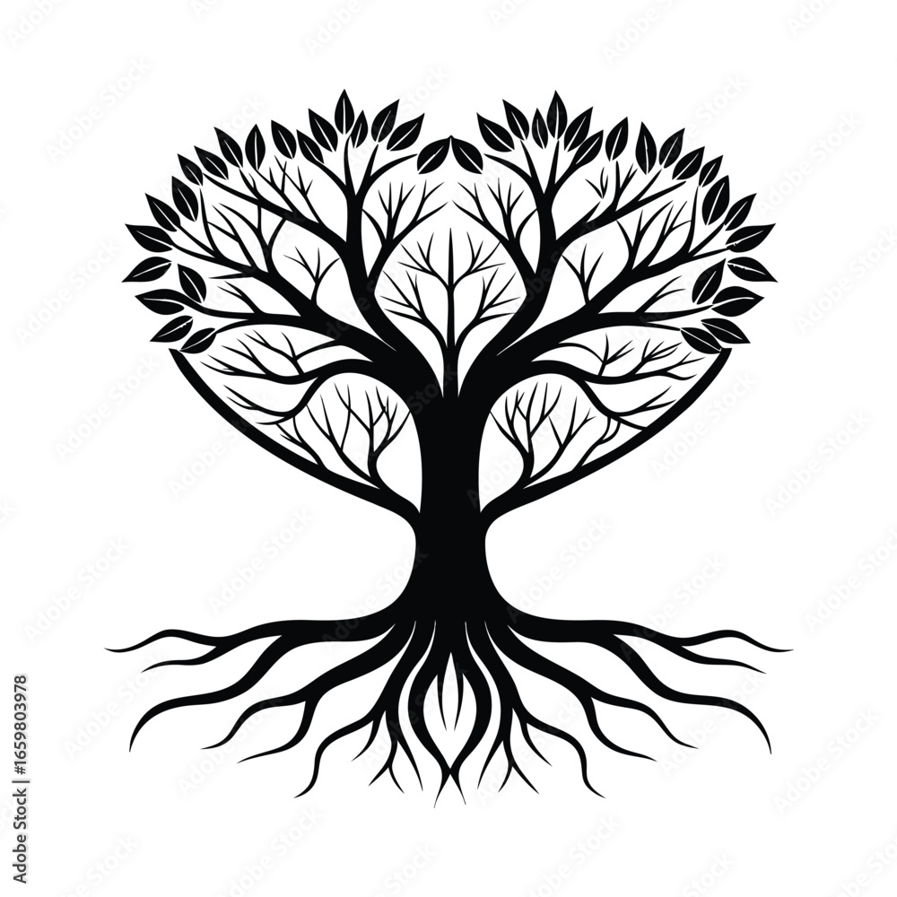 Obraz premium Intricate black silhouette of a heart shaped tree with exposed roots