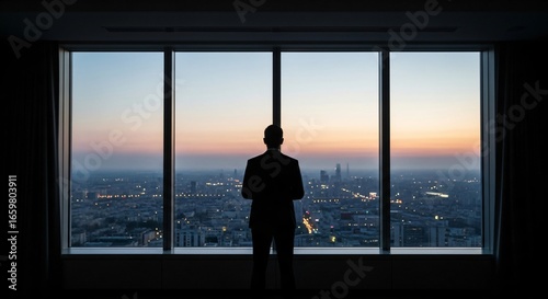 Silhouette of a businessman in a suit looking out a large window at a city skyline at dusk.
