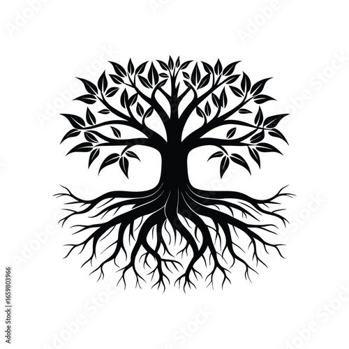 Stylized silhouette of a tree with intricate branches and exposed roots